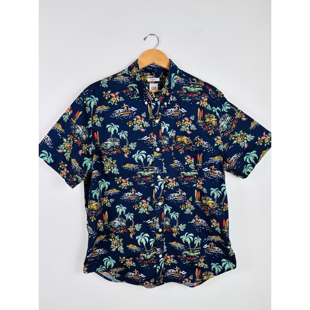 GAP Mens XL Tropical Surfer Button-Up Blue Camp Shirt Jeep Woody‎ Palm Trees